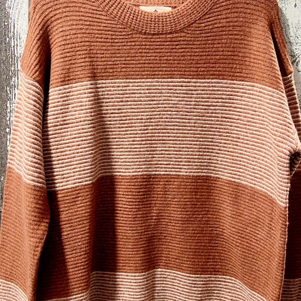 Striped Crew Neck Sweater - Burnt Orange and Cream